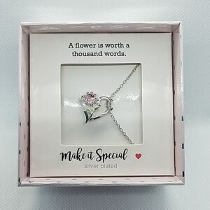 NWT Silver Plated Heart & Flower Necklace.